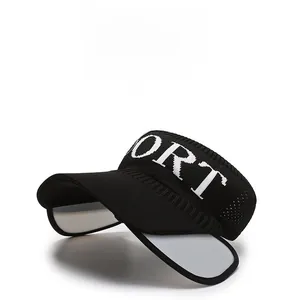 Detail of black knitted sun visor with white SPORT lettering and wide brim for outdoor sports