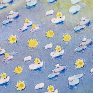 Impressionist oil painting nail art stickers with Monet water lily design in purple and blue