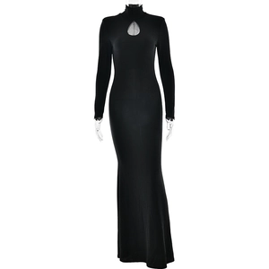Elegant black high neck long sleeve mermaid dress with a teardrop cutout design