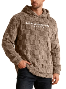 Detail of men's brown hoodie featuring checkered plush fabric and Los Angeles embroidery