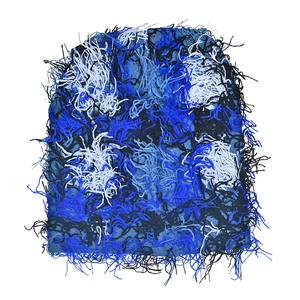 Winter knitted beanie in navy and white blend with decorative distressed fringe effect
