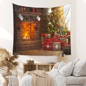 Detail of Christmas tapestry featuring fireplace and festive tree on bedroom wall