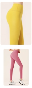 Nahaufnahme von High-Waist-Yogahosen in Gelb und Pink-Violett mit Peach-Lift-Effekt