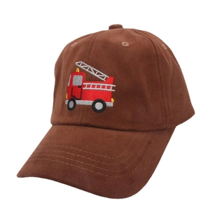 Brown children baseball cap featuring a red fire truck embroidery on a clean white background