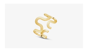 Macro shot of minimalist gold wave open ring with polished metallic finish on white background