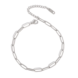 Macro detail of silver stainless steel chain anklet with lobster clasp and S.STEEL tag