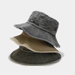 Vintage washed canvas outdoor sun hats in grey, khaki, and green with SunShade embroidery