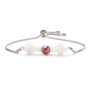 Detail of adjustable silver box chain bracelet with cross beads and slide clasp