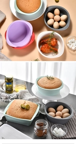 Detailed view of colorful square and round silicone baking molds for air fryer and oven