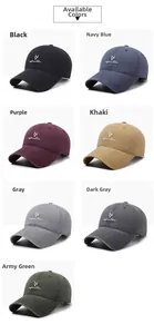 Detailed view of embroidery baseball caps in seven colors including black, navy, and khaki