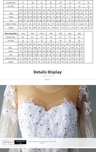 Detailed bridal size guide chart for white lace wedding dresses in standard and plus sizes