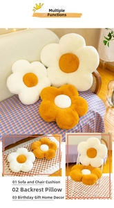 Detail of plush flower cushions used as decorative sofa pillows and soft chair pads