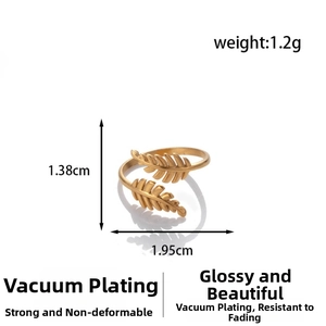 Detail view of a gold leaf-shaped adjustable ring in vacuum-plated stainless steel