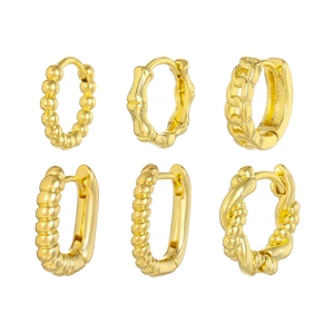 Set of 6 gold plated geometric hoop earrings with textured metal finishes and link designs