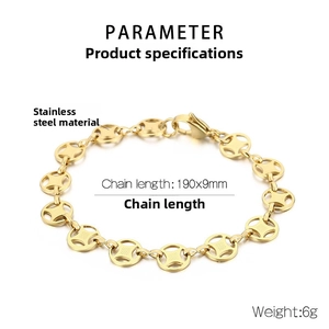 Detail of stainless steel bracelet featuring circular镂空links with cross texture