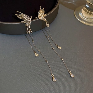 Elegant butterfly tassel ear cuff in liquid metal style with delicate droplet pendants
