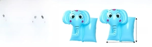 Detail view of light blue elephant inflatable arm bands with size and weight parameters