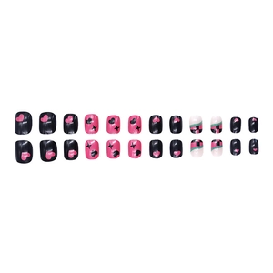 Press-on nails featuring black and pink heart patterns with a checkered design