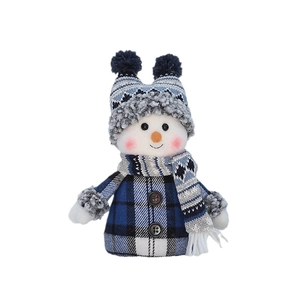 Cute blue fabric snowman doll in knitting outfit for Christmas home tabletop decoration