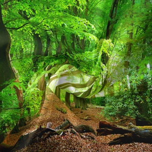 Detailaufnahme eines Wald-Wandteppichs mit realistischen grünen Bäumen und Blättern