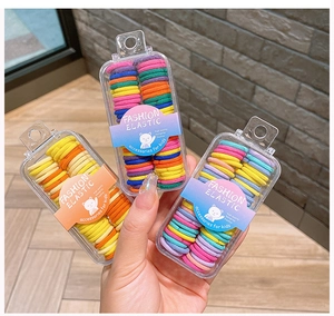Detail of colorful high-elastic hair ties for kids in a transparent retail gift box