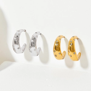 C-Shaped Hoop Earrings Stainless Steel With Cubic Zirconia 14K Gold Plated Retro Trendy Fashion Jewelry For Women