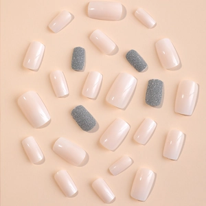 Short square glitter press-on nails in nude pink and silver shimmer 24pcs set