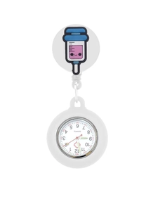 Dettaglio dell'orologio da infermiera in silicone bianco con siringa rosa e quadrante