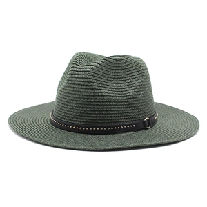 Classic dark green straw fedora hat with studded leather band and gold buckle