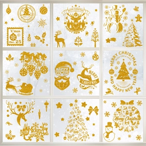 Glitter gold Santa Christmas window stickers with reindeer and snowflakes for festive decor