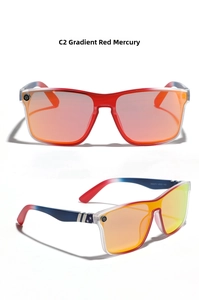Detail view of square sports sunglasses with red mercury lenses and American flag arms