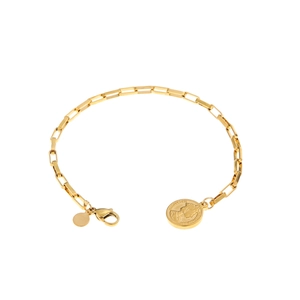 Golden paperclip chain bracelet with engraved coin pendant and lobster clasp for women