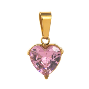 Macro shot of a pink heart-cut gemstone pendant in a polished gold-plated setting