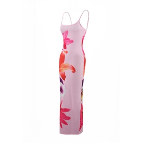 Detailed view of vibrant pink and orange floral prints on a slim fit maxi slip dress