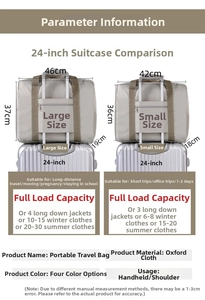 Size comparison and dimensions of oxford fabric travel bags on a 24-inch suitcase