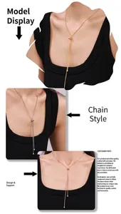Detailed view of adjustable Y-shaped long chain necklace in gold, silver and rose gold