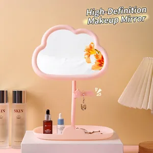 Pink cloud-shaped desktop makeup mirror with jewelry storage tray and star-shaped hook
