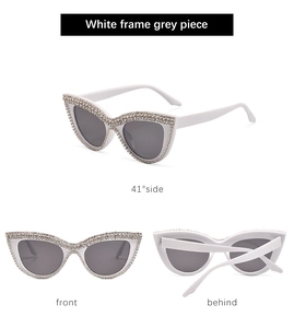 Detailed multi-angle view of white cat-eye sunglasses with hand-set rhinestones