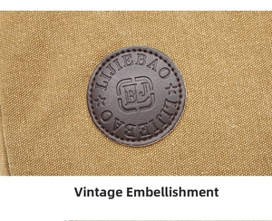 Detail of vintage round leather patch sewn on khaki canvas shoulder bag material