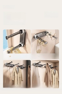 Telescopic suction cup storage rack showing balcony, bathroom, and closet use cases