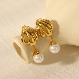 Scallop Shell Drop Earrings 18K Gold Plated Stainless Steel White Artificial Pearl Pendant Ocean Style Vintage Elegant Women