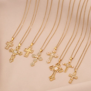 Cross Pendant Necklace Stainless Steel Copper With Imitation Artificial Pearl Shell Rhinestone Elegant Chic Clavicle Chain For Women