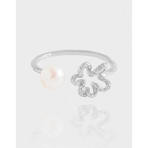 925 Sterling Silver Artificial Pearl Ring Hollow Flower Adjustable Open Finger Jewelry Niche Elegant Style For Women White Gold
