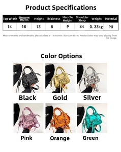 Detailed size specifications for the mini glitter motorcycle bag with dimension chart