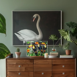 Detailed view of toucan pattern acrylic decor on wooden base in a cozy room setting