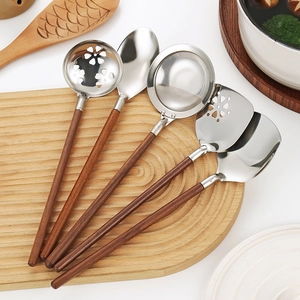 Five-piece 304 stainless steel kitchen utensil set with elegant walnut wood handles