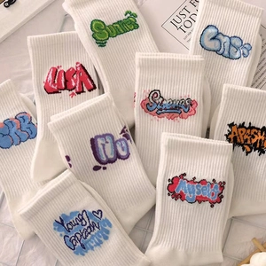 Unisex Crew Socks Breathable Polyester Cotton Streetwear Graffiti Letter Printed Ribbed Athletic Casual Mid Tube