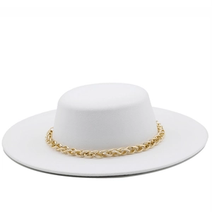 Flat Top Wide Brim Boater Hat Women Men Polyester Cotton Felt Elegant Gold Metal Chain Decor British Style Jazz Cap
