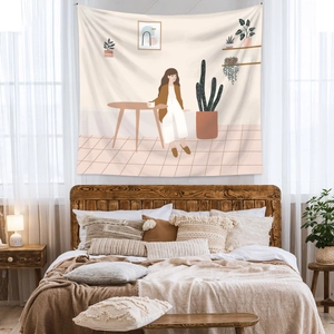 Bohemian tapestry featuring woman at coffee table with plants hanging over bedroom bed