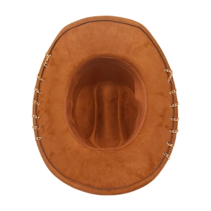Brown suede western cowboy hat featuring a decorative gold metal chain and structured crown